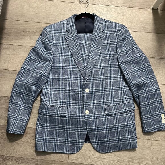 Tommy Hilfilger THFlex Suit Jacket & Pants Mens 34x30 Blue Plaid Modern 40S - Picture 1 of 16
